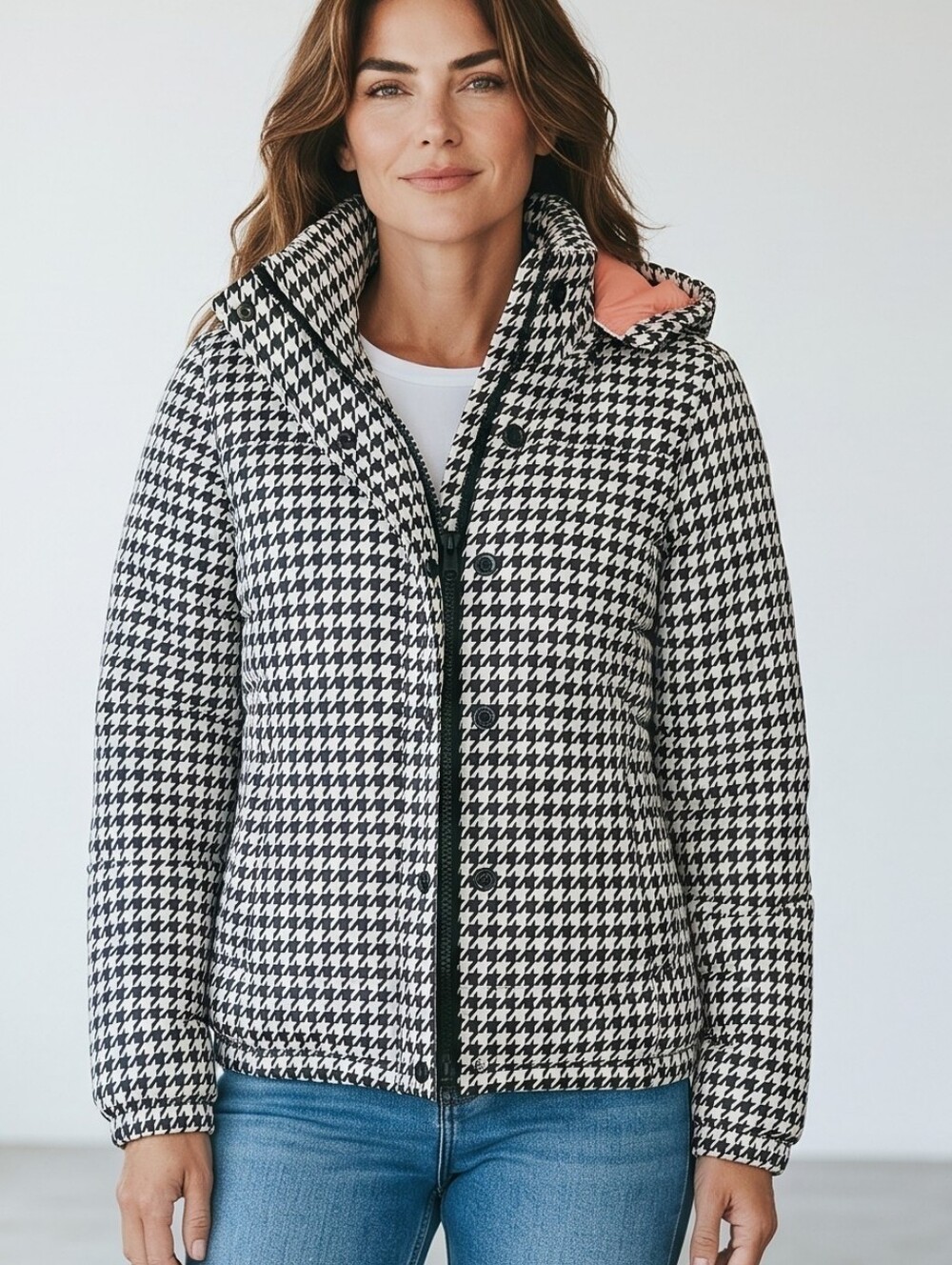 Chic SoCal Houndstooth Trench Coat with Pink Lining